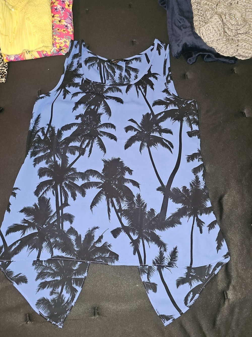 Express Blue and Black Palm-Print Handkerchief-Hem Camisole